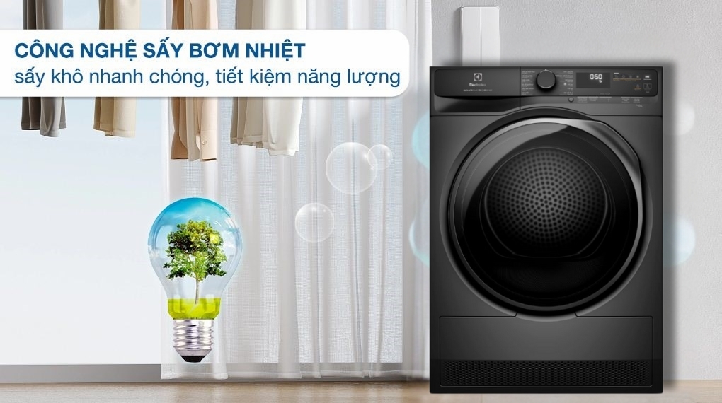 máy sấy bơm nhiệt Electrolux EDH903R7SC UltimateCare 9 kg với công nghệ sấy bơm nhiệt giúp sấy khô nhanh chóng, tiết kiệm điện